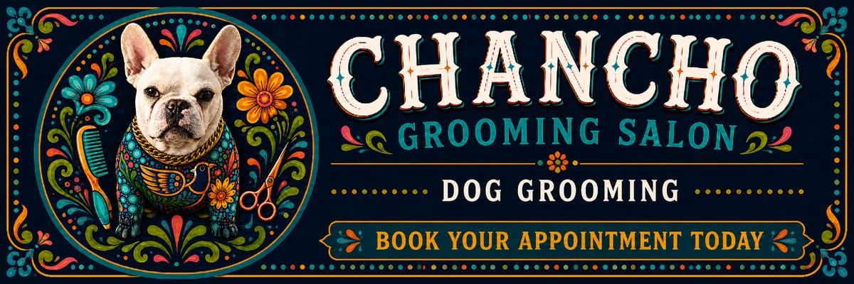 Colorful Chancho Grooming Salon vinyl banner with a French bulldog in Mexican folk art style